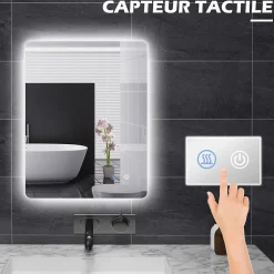 Miroir rectangulaire mural LED salle de bain - 70x50cm - 3 couleurs luminosité réglable tactile système antibuée blanc transparent