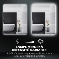 Miroir rectangulaire mural LED salle de bain - 70x50cm - 3 couleurs luminosité réglable tactile système antibuée blanc transparent