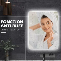 Miroir rectangulaire mural LED salle de bain - 70x50cm - 3 couleurs luminosité réglable tactile système antibuée blanc transparent