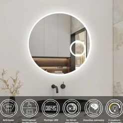 Miroir rond de salle de bain 80cm LED tricolore horloge + loupe + anti-buée + mémoire, AICA SANITAIRE