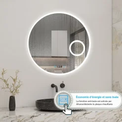 Miroir rond de salle de bain 80cm LED tricolore horloge + loupe + anti-buée + mémoire, AICA SANITAIRE
