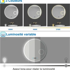 Miroir rond de salle de bain 80cm LED tricolore horloge + loupe + anti-buée + mémoire, AICA SANITAIRE