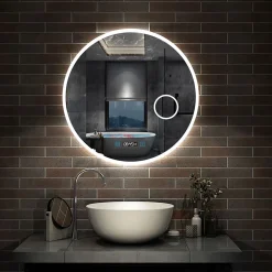 Miroir rond de salle de bain 70cm LED tricolore horloge + loupe + anti-buée + mémoire, AICA SANITAIRE