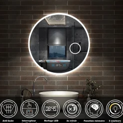 Miroir rond de salle de bain 70cm LED tricolore horloge + loupe + anti-buée + mémoire, AICA SANITAIRE