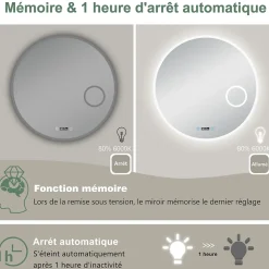 Miroir rond de salle de bain 70cm LED tricolore horloge + loupe + anti-buée + mémoire, AICA SANITAIRE