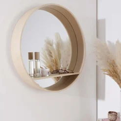 Miroir rond en chêne avec étagère 60 cm OBLO