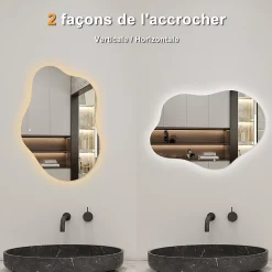 Miroir salle de bain asymétrique 80 x 55 cm LED Éclairage réglable en 3 couleurs + anti-buée + fonction mémoire AICA SANITAIRE