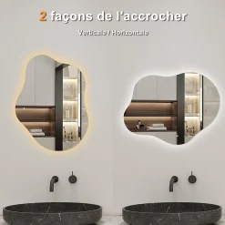 Miroir salle de bain asymétrique 90 x 68 cm LED Éclairage réglable en 3 couleurs + anti-buée + fonction mémoire AICA SANITAIRE