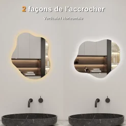 Miroir salle de bain asymétrique 60 x 50 cm LED Éclairage réglable en 3 couleurs + anti-buée + mémoire AICA SANITAIRE