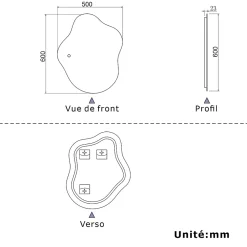 Miroir salle de bain asymétrique 60 x 50 cm LED Éclairage réglable en 3 couleurs + anti-buée + mémoire AICA SANITAIRE