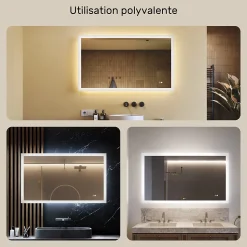 Miroir Salle de Bain avec Eclairage 120x70, Miroir LED avec Tactile et Fonction Anti-buée, Systeme Couleur DUAL LED