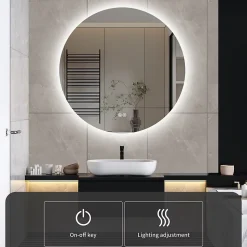 Miroir Salle de Bain avec Éclairage - Rond 80 cm - Miroir LED Salle de Bain - avec Anti-buée et 3 Couleur Changeable