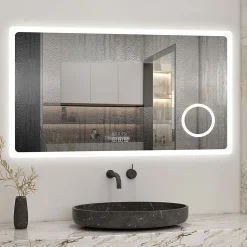 Miroir salle de bain bluetooth + loupe + horloge + tricolore + anti-buée 100x60cm dimmable,mémoire,tactile,led, AICA SANITAIRE