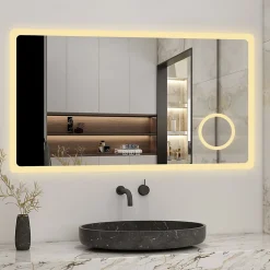 Miroir salle de bain bluetooth + loupe + horloge + tricolore + anti-buée 80x60cm dimmable,mémoire,tactile,led, AICA SANITAIRE