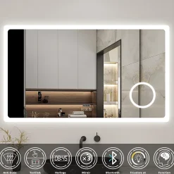 Miroir salle de bain bluetooth + loupe + horloge + tricolore + anti-buée 80x60cm dimmable,mémoire,tactile,led, AICA SANITAIRE