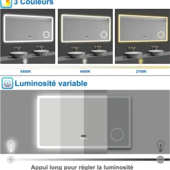 Miroir salle de bain bluetooth + loupe + horloge + tricolore + anti-buée 80x60cm dimmable,mémoire,tactile,led, AICA SANITAIRE