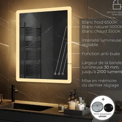 Miroir salle de bain BOLEO 60 x 80 cm LED lumineux 2100 lms anti-buée + réglage intensité & couleur - Saniverre