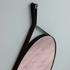Miroir Salle De Bain Design Avec Cadre En Cuir Noir Diamètre 60 Cm