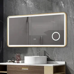Miroir salle de bain LED 90x60cm anti buée avec cadre en aluminium doré et loupe x3 LB-4685G