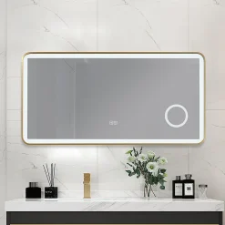 Miroir salle de bain LED 90x60cm anti buée avec cadre en aluminium doré et loupe x3 LB-4685G