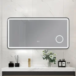 Miroir salle de bain LED 120x60cm anti buée avec cadre en aluminium noir et loupe x3 LB-4685B