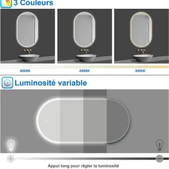 Miroir salle de bain LED 60x80cm tricolore + anti-buée + dimmable + mémoire, AICA SANITAIRE
