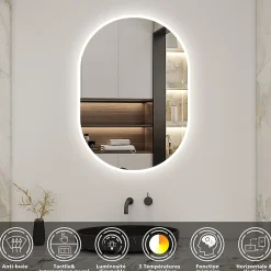 Miroir salle de bain LED 45x90cm tricolore + anti-buée + dimmable + mémoire, AICA SANITAIRE