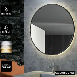 Miroir Salle de Bain LED Rétro-éclairé Réglable D60cm - Noir Mat - Commandes Tactiles & Anti-Buée - FUN LEDIMEX