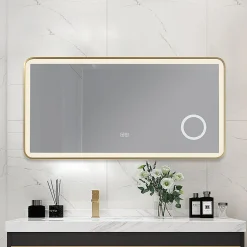 Miroir salle de bain LED 110x60cm anti buée avec cadre en aluminium doré et loupe x3 LB-4685G