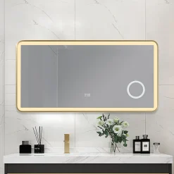 Miroir salle de bain LED 110x60cm anti buée avec cadre en aluminium doré et loupe x3 LB-4685G