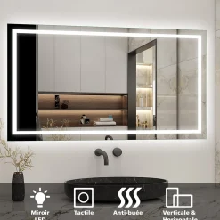 Miroir salle de bain led anti-buée, avec éclairage LED 110 x 80cm réversible, IP44 commande par effleurement, AICA SANITAIRE