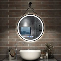Miroir salle de bain rond LED 50cm tricolore + anti-buée + dimmable + mémoire,avec ceinture en cuir amovible,noir, AICA SANITAIRE