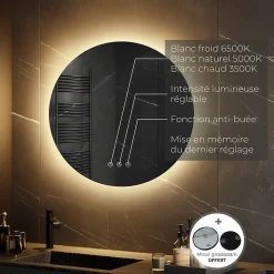 Miroir salle de bain VEKIO LED lumineux rond 80 cm diam. fonction anti-buée + intensité & couleur réglables - Saniverre