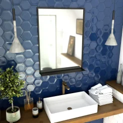 Miroir salle de bain 80x60cm - laqué noir mat avec étagères - FRAMED MIRROR