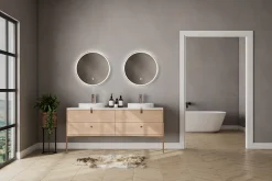 Miroir salle de bains éclairant à LED cadre doré rond Ø60 cm, anti-buée, MPGlass Céleste