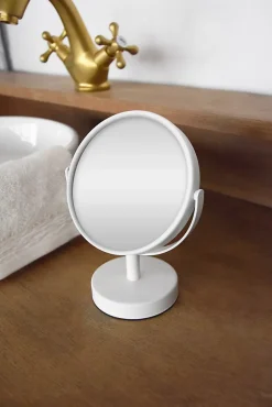 Miroir salle de bains grossissant, rond, à poser, en métal blanc