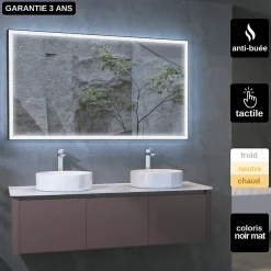 Miroir Salle de Bains Lumineux SUIZA Anti-Buée et Eclairage Frontal Triled Tactile On/Off Noir Mat 70x80cm LEDIMEX