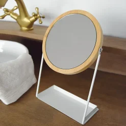 Miroir salle de bains, rond, à poser, en bambou et métal blanc Levasseur Garden
