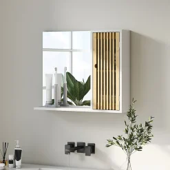 Miroir étagère style cosy - armoire miroir salle de bain 1 porte - bambou blanc