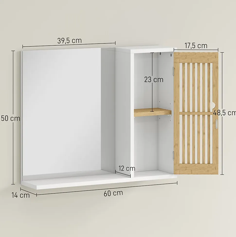 Miroir étagère style cosy - armoire miroir salle de bain 1 porte - bambou blanc