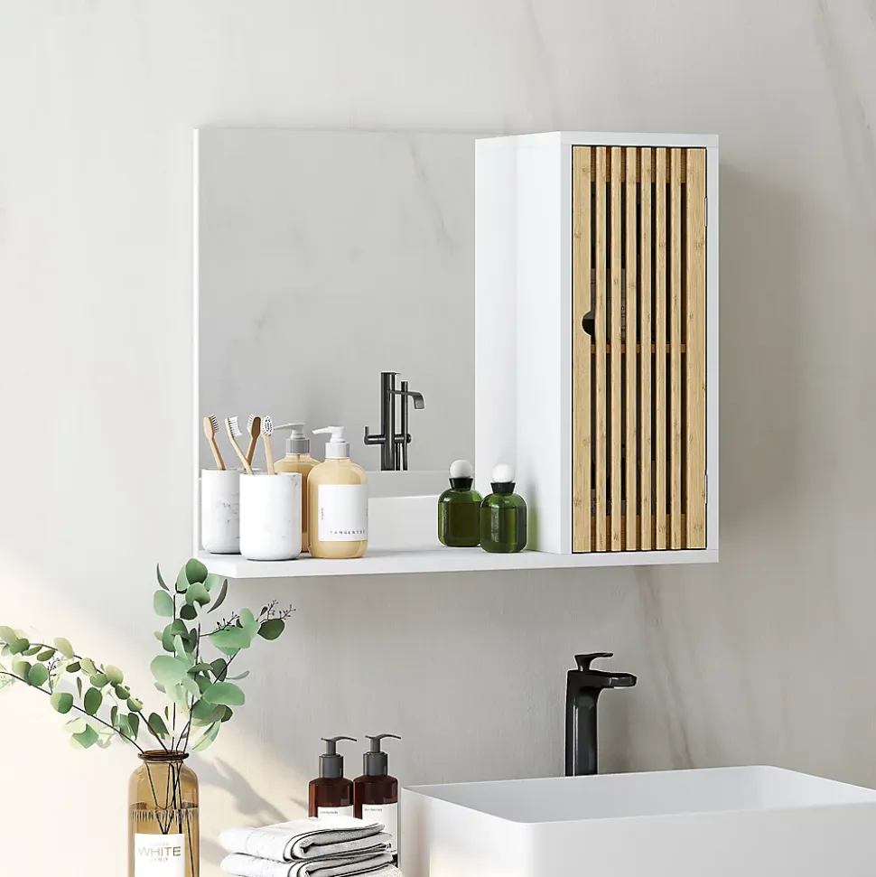 Miroir étagère style cosy - armoire miroir salle de bain 1 porte - bambou blanc