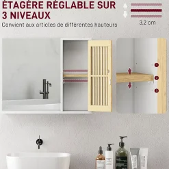 Miroir étagère style cosy - armoire miroir salle de bain 1 porte - bambou blanc