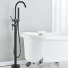 Mitigeur baignoire îlot Noir mat, Bec cascade, Douchette, Laiton massif