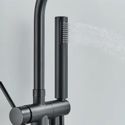 Mitigeur baignoire îlot Noir mat, Bec cascade, Douchette, Laiton massif
