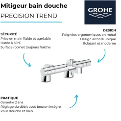 Mitigeur baignoire thermostatique GROHE Precision Get + Colonnettes Luxe chromé