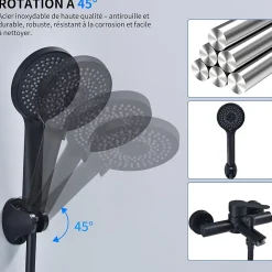 Mitigeur Bain Douche Mecanique Robinet de Douche Bain Mecanique Monocommande Double Sortie Mural Acier Inoxydable Noir