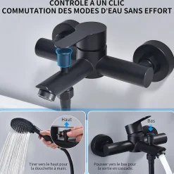 Mitigeur Bain Douche Mecanique Robinet de Douche Bain Mecanique Monocommande Double Sortie Mural Acier Inoxydable Noir
