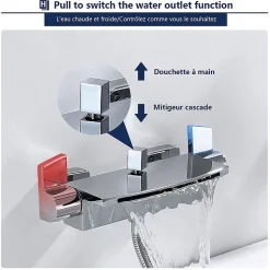Mitigeur de Baignoire Cascade Robinet de Douche Mural avec Douchette à Mains Laiton Set de douche en Laiton Chromé