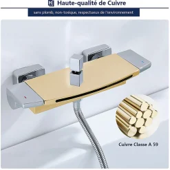 Mitigeur de Baignoire Cascade Robinet de Douche Mural avec Douchette à Mains Laiton Set de douche en Laiton Chromé