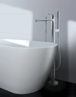 Mitigeur de baignoire monocommande sur pied avec bec et douchette + flexible - Chrome - 13,5x31,2x95cm - Wave